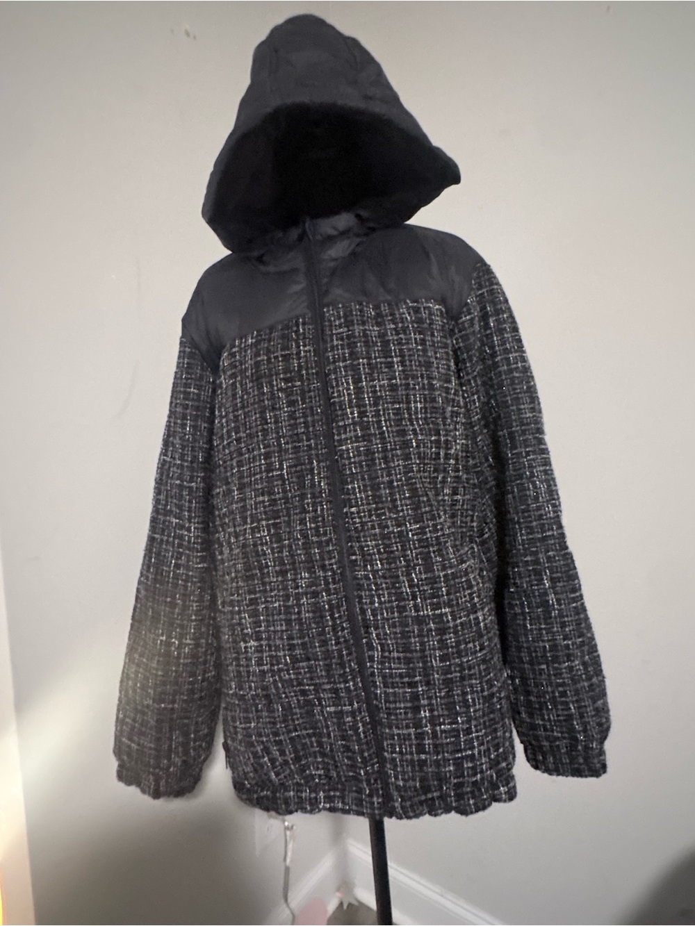 torrid Black & White Tweed Puffer Jacket with Hood